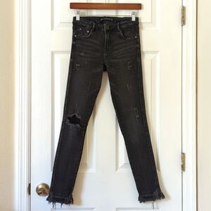 Zara Trafaluc Denimwear Classic Mid Rise Distressed Raw Hem Skinny Jeans Black 4